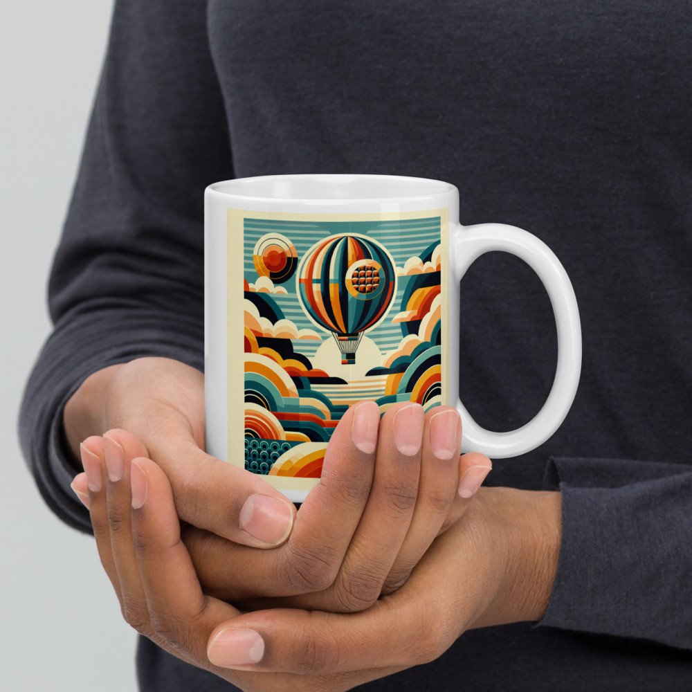Retro Hot Air Balloon with Geometric Clouds — Mug
