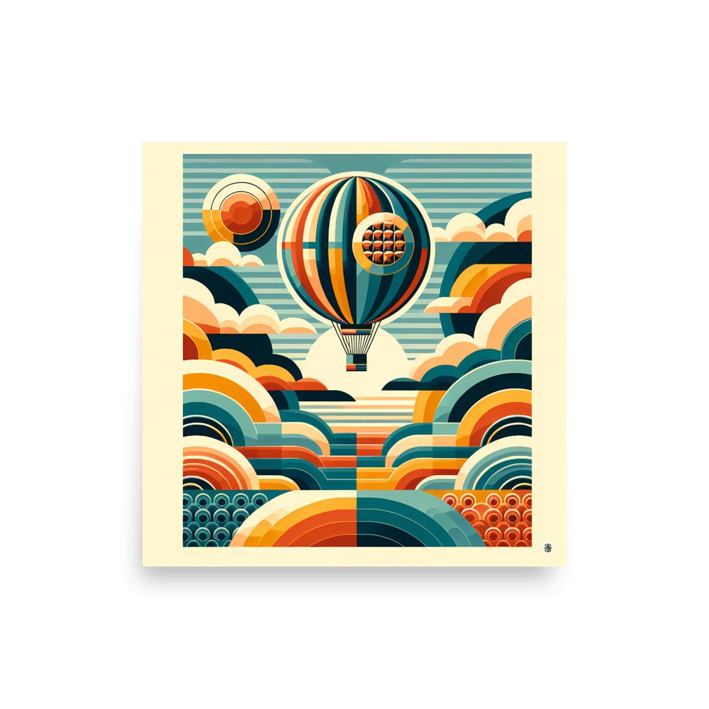 Retro Hot Air Balloon with Geometric Clouds
